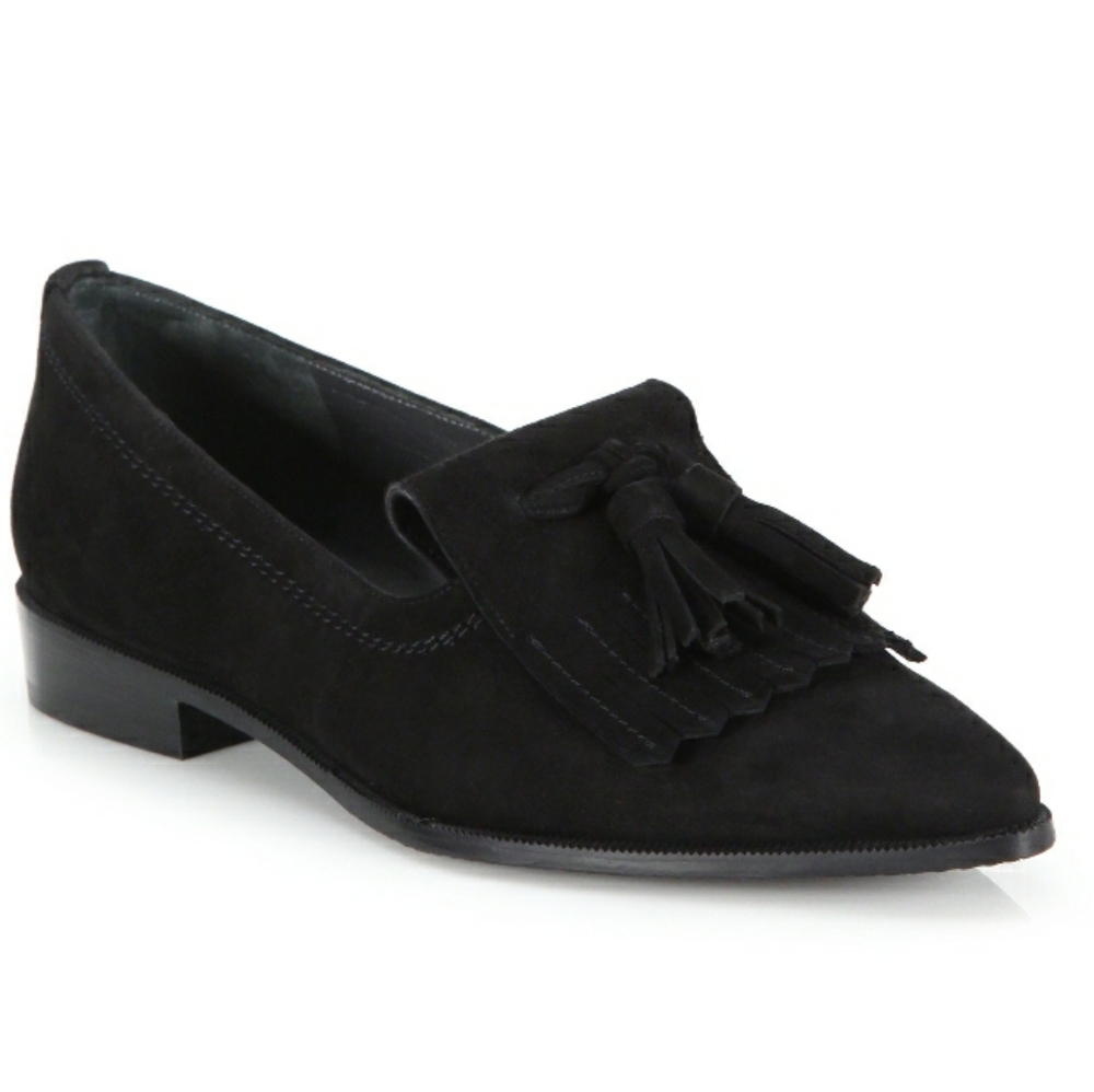 Stuart Weitzman Avatass black suede tassel loafers 6